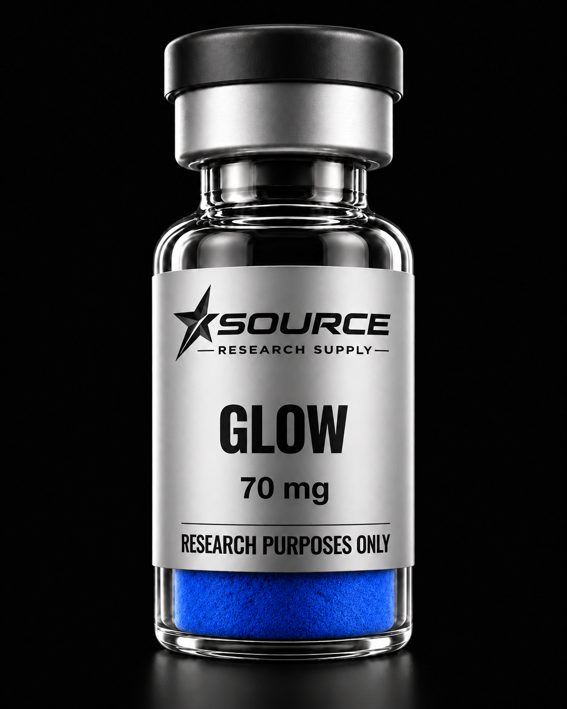 Source GLOW 70 mg research vial, with a black cap, silver label and blue powder