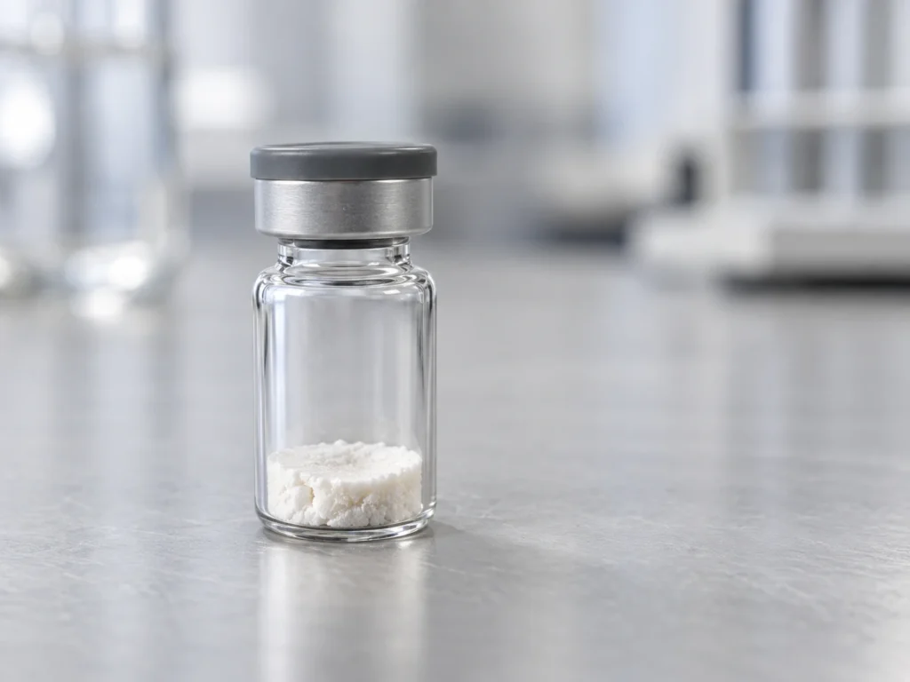 Glass vial with a grey cap containing white lyophilized powder
