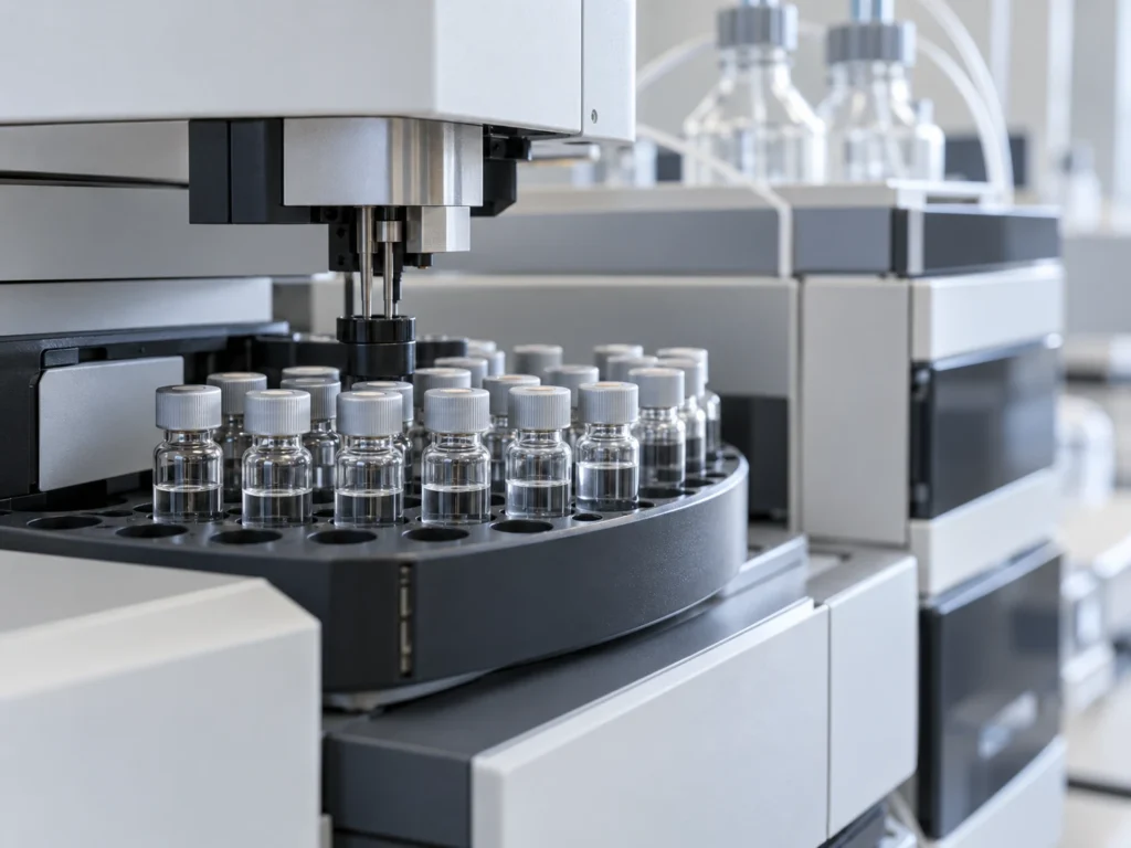 HPLC analysis instrument with sample vials in a laboratory