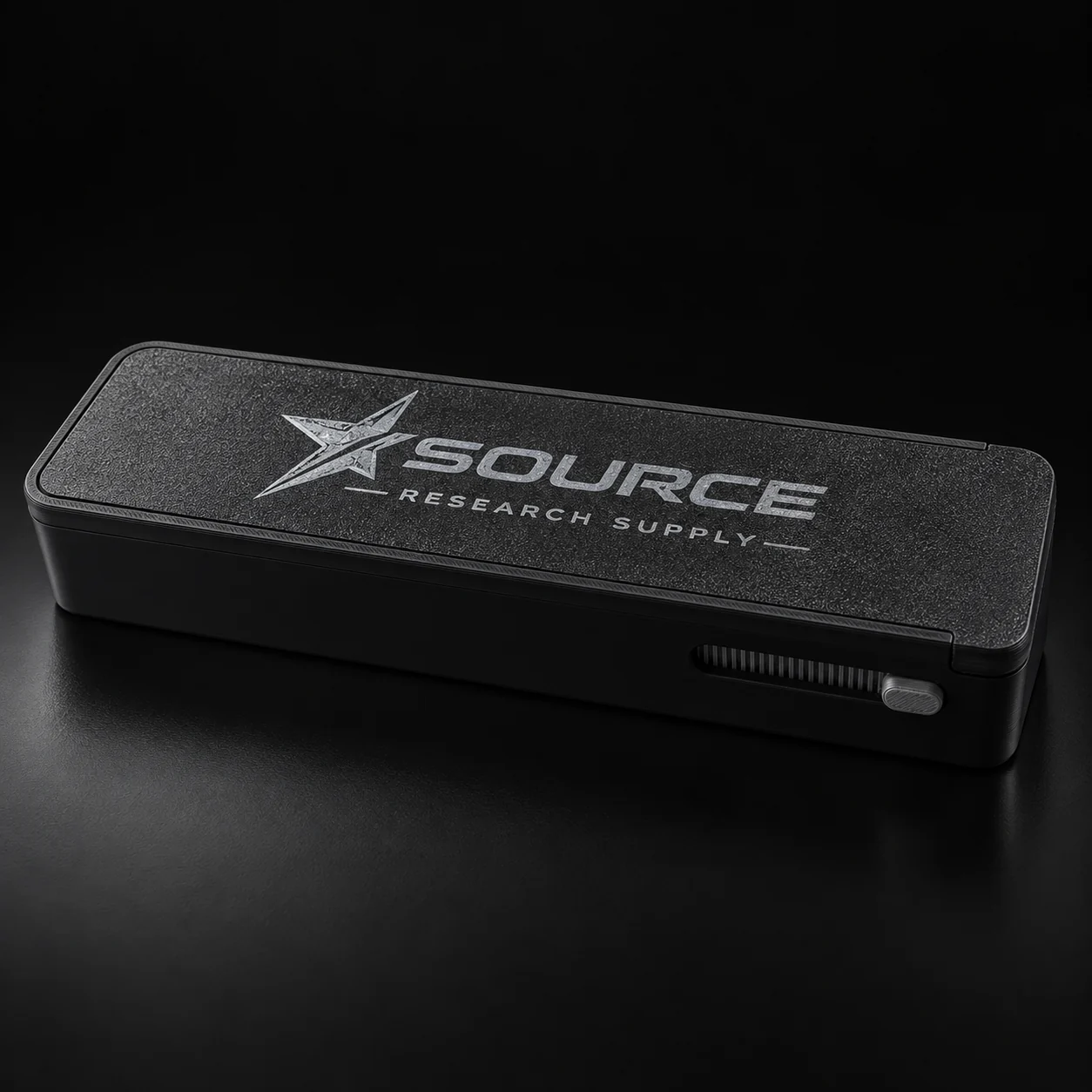 Closed black Source Research Supply 10-vial storage case with sliding lid