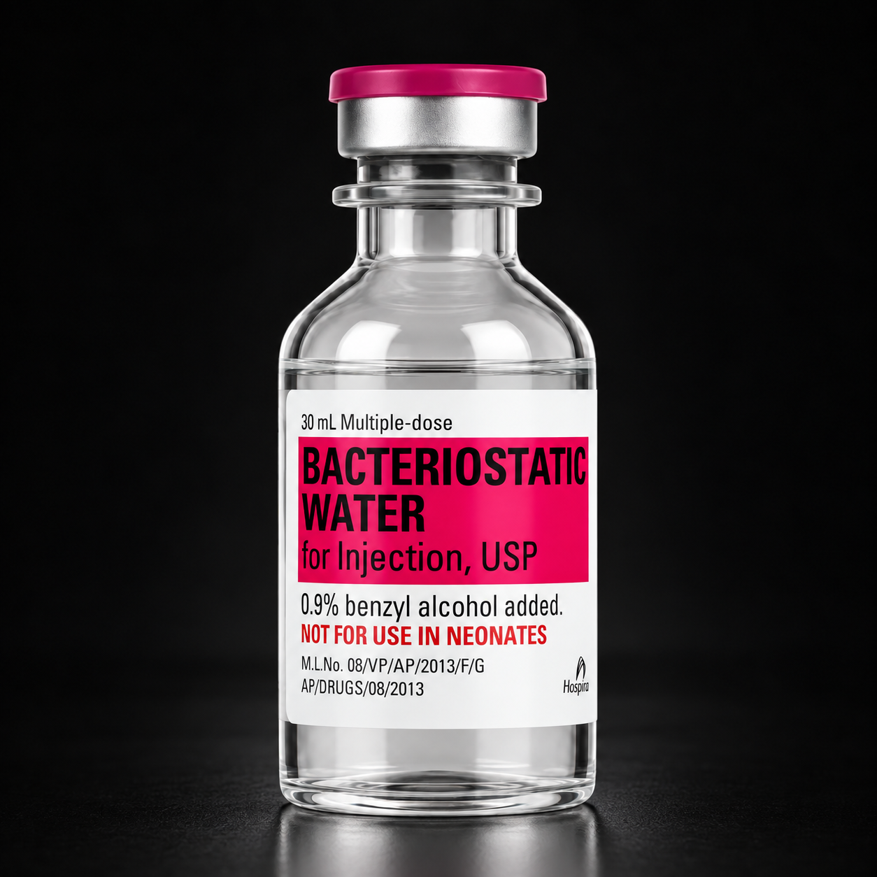 Hospira 30 mL bacteriostatic water vial on a dark studio background
